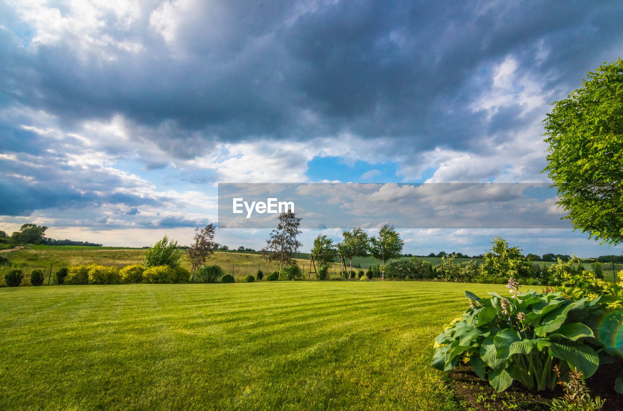 Scenic view of field against cloudy sky