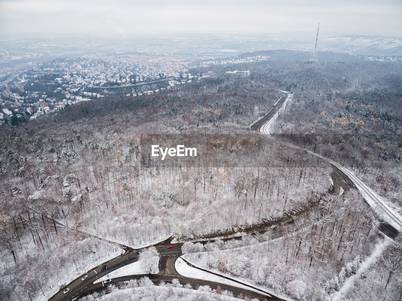 High angle view of winding road in city