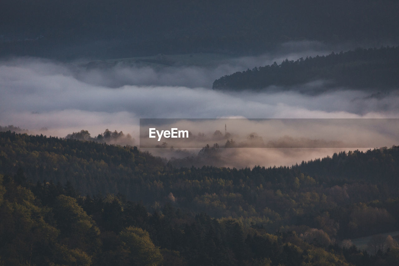 Scenic view of landscape during foggy weather