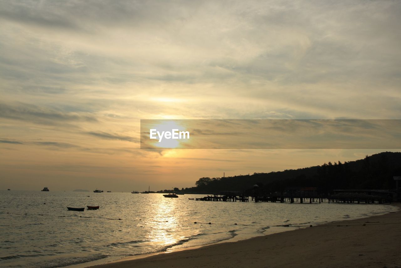 SCENIC VIEW OF BEACH AGAINST SKY AT SUNSET