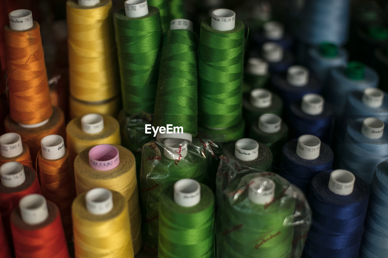 Full frame shot of colorful spools arranged