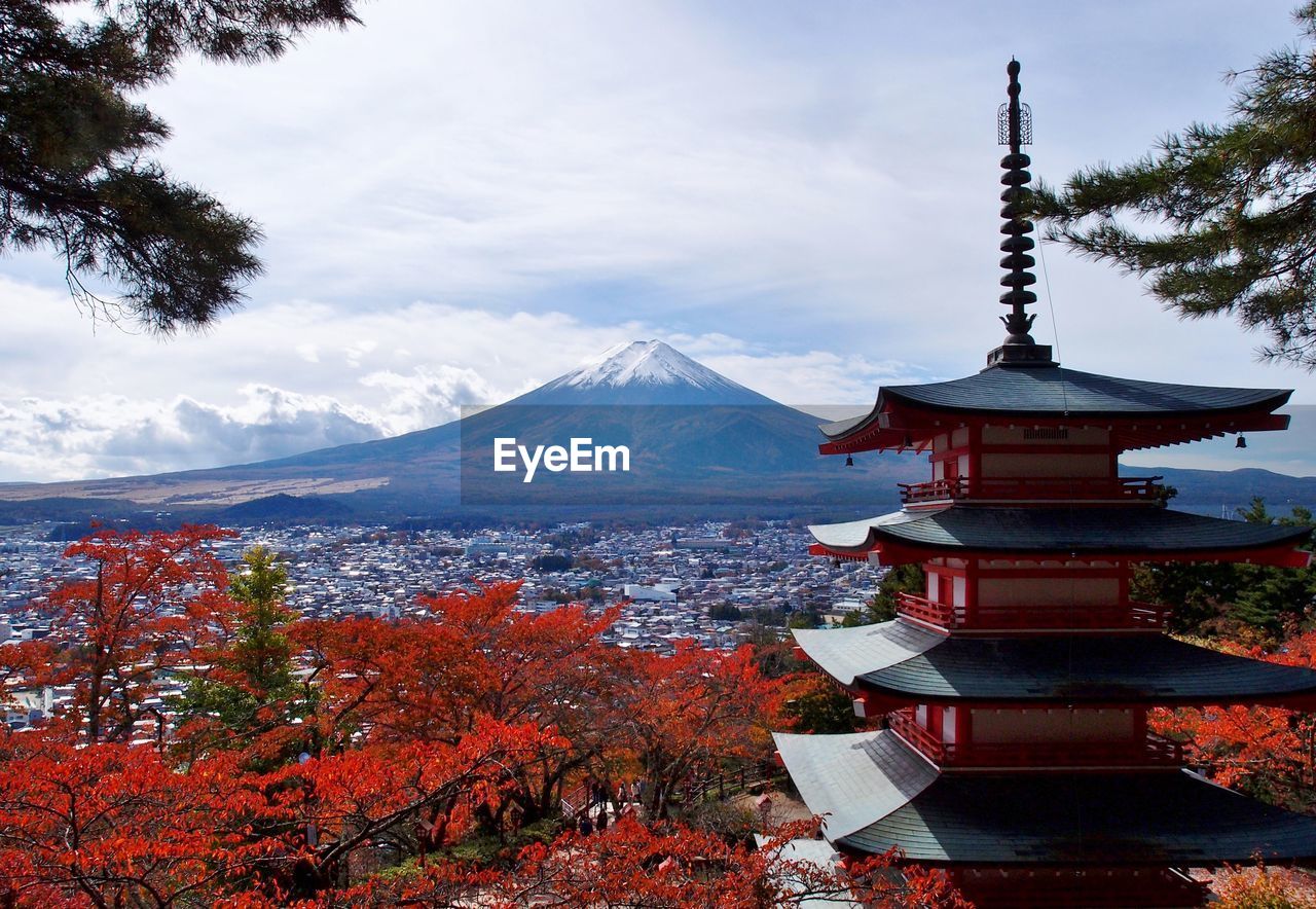 Mt fuji with the pagoda of arakura sengen shrine and colored leaves in yamanashi in japan.