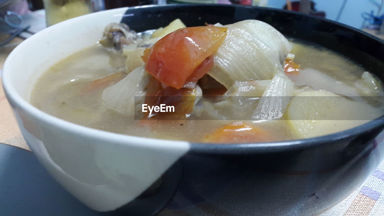 CLOSE-UP OF SOUP IN BOWL ON TABLE