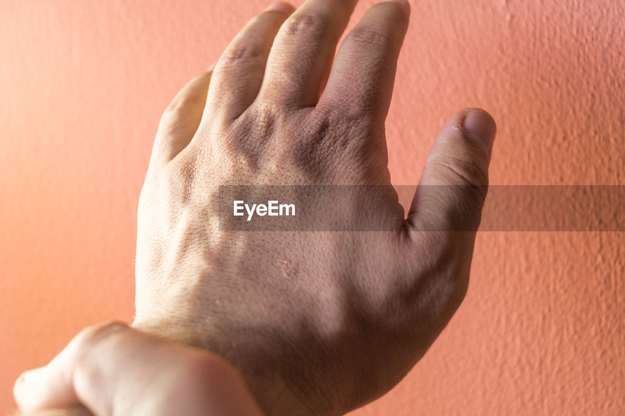 Close-up of hands against wall