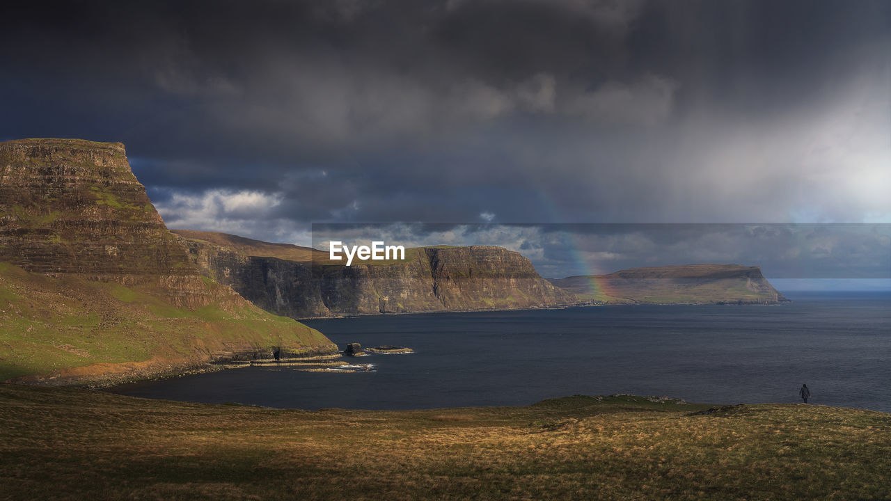 Scenic view of  rainbow and sea against sky