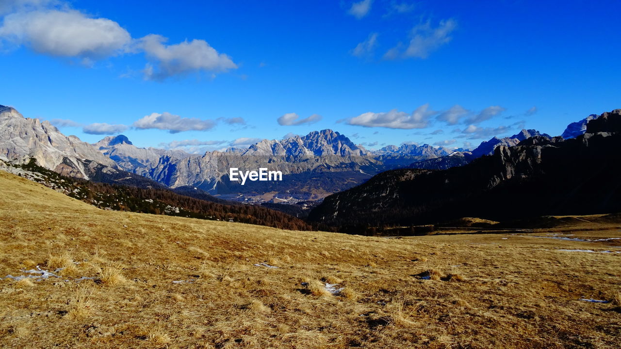 Scenic view of snowcapped mountains against blue sky