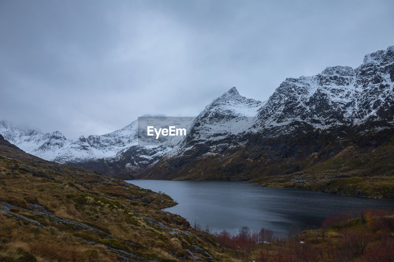 scenic view of lake and mountains against sky