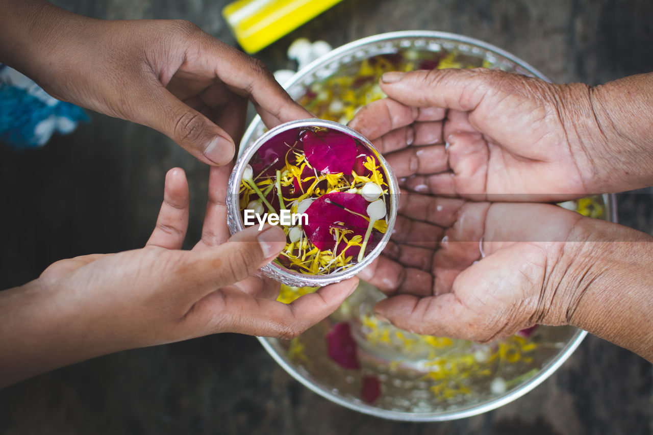 Cropped image of person pouring flower water on hands