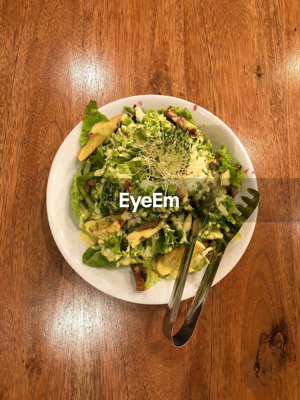 High angle view of salad in bowl on table