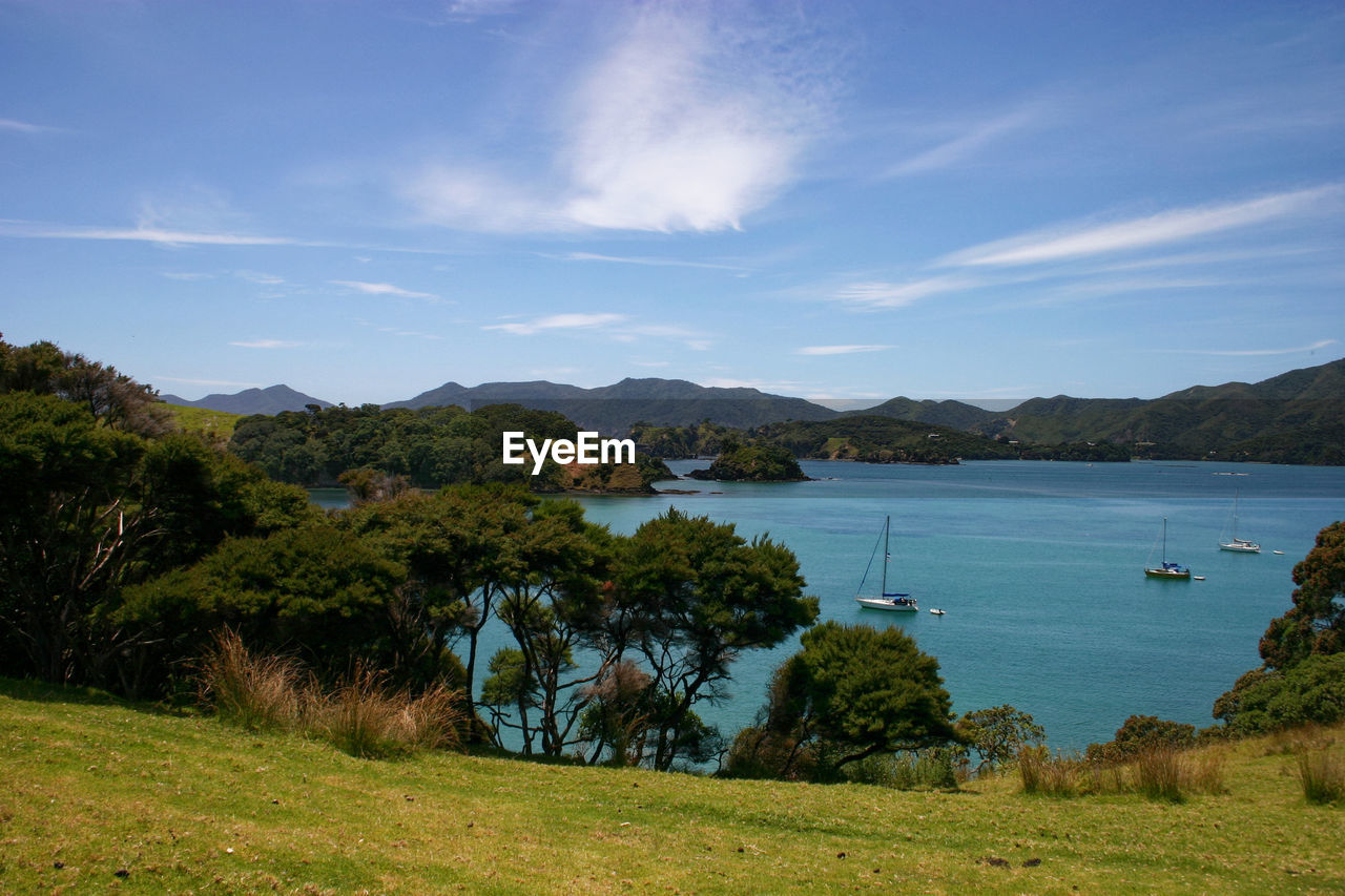 Scenic view of bay against sky