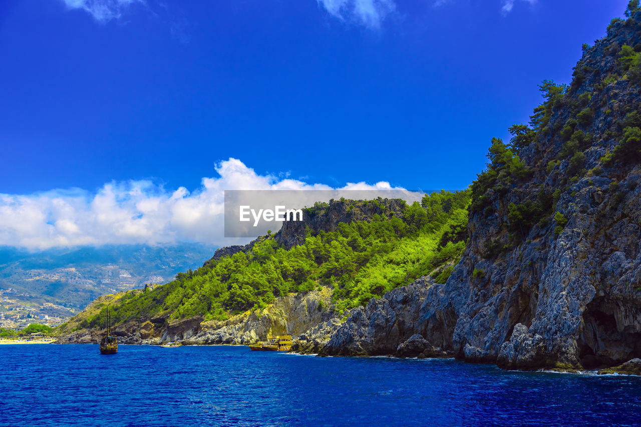 CALM BLUE SEA AGAINST MOUNTAIN RANGE