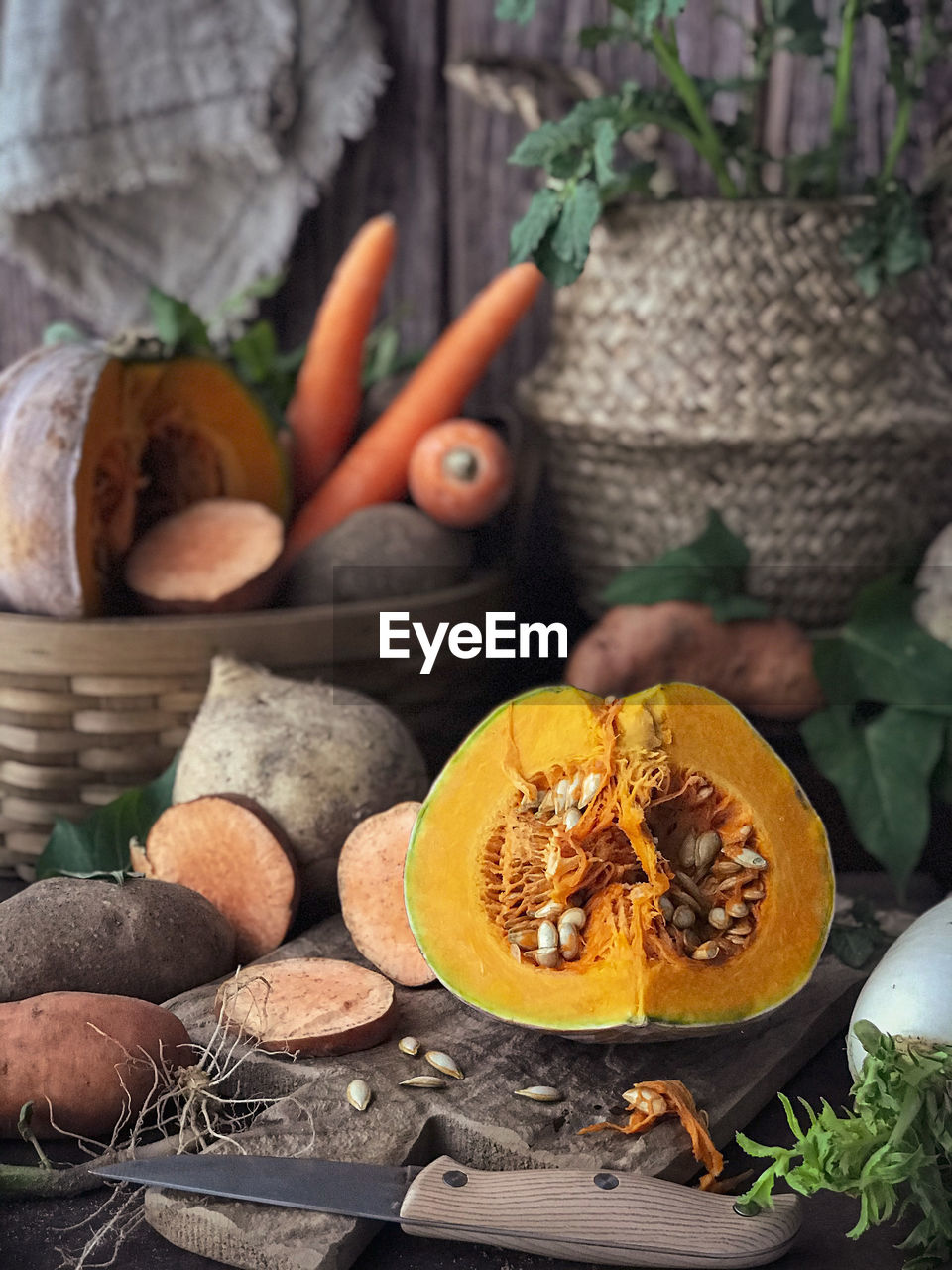 High angle view of pumpkins in container