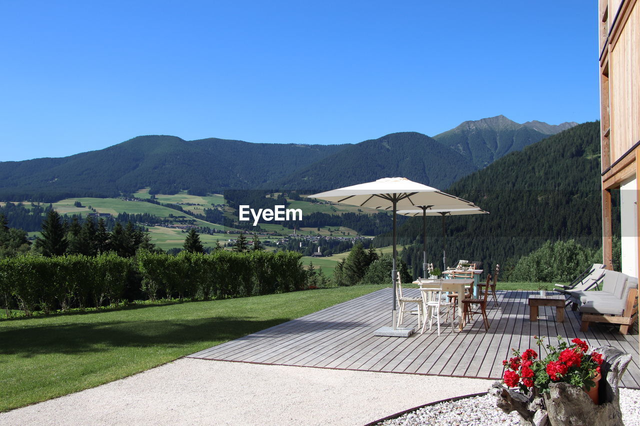 Scenic view of mountains against clear blue sky