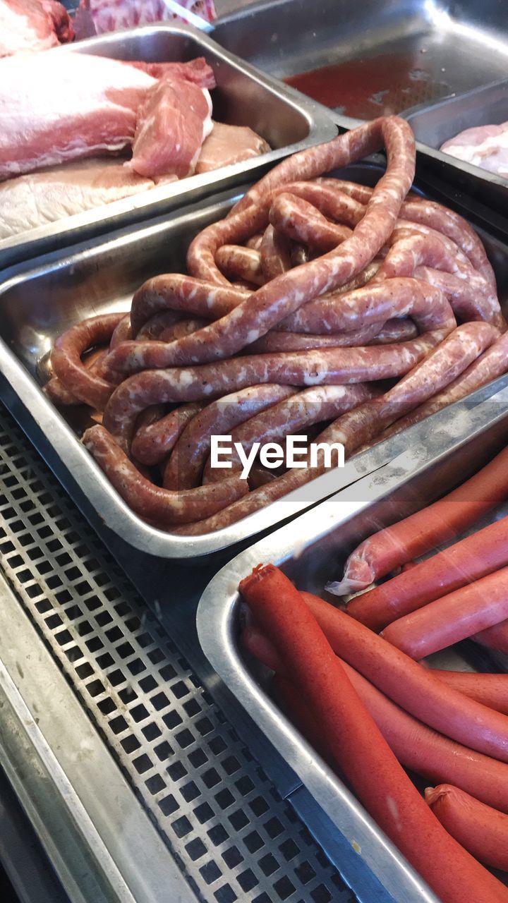 HIGH ANGLE VIEW OF MEAT COOKING ON BARBECUE