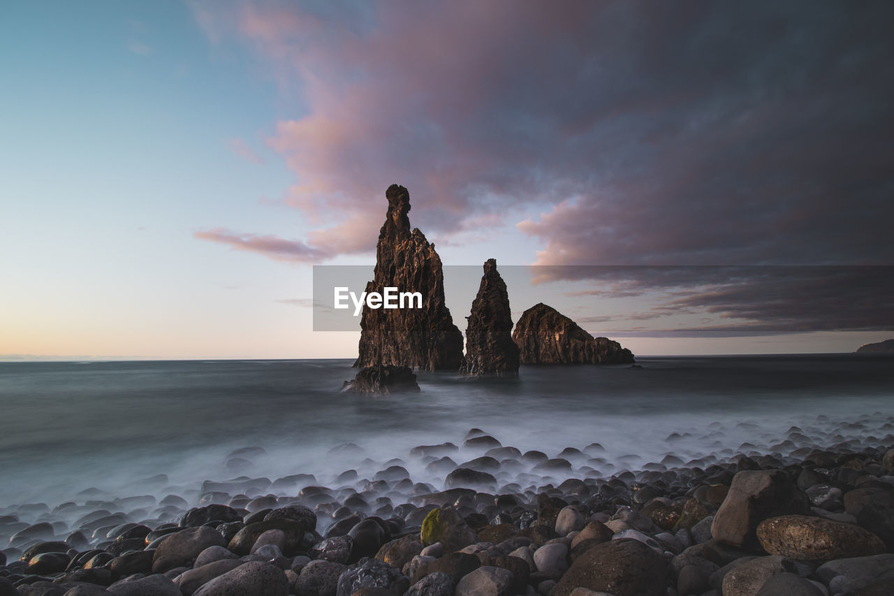 Magical place of ilheu da ribeira da janela near the famous town of porto moniz on madeira, portugal