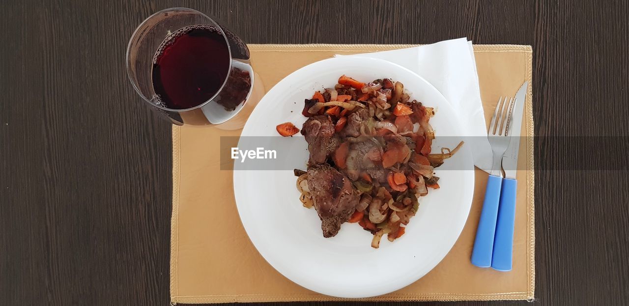 High angle view of food served on table