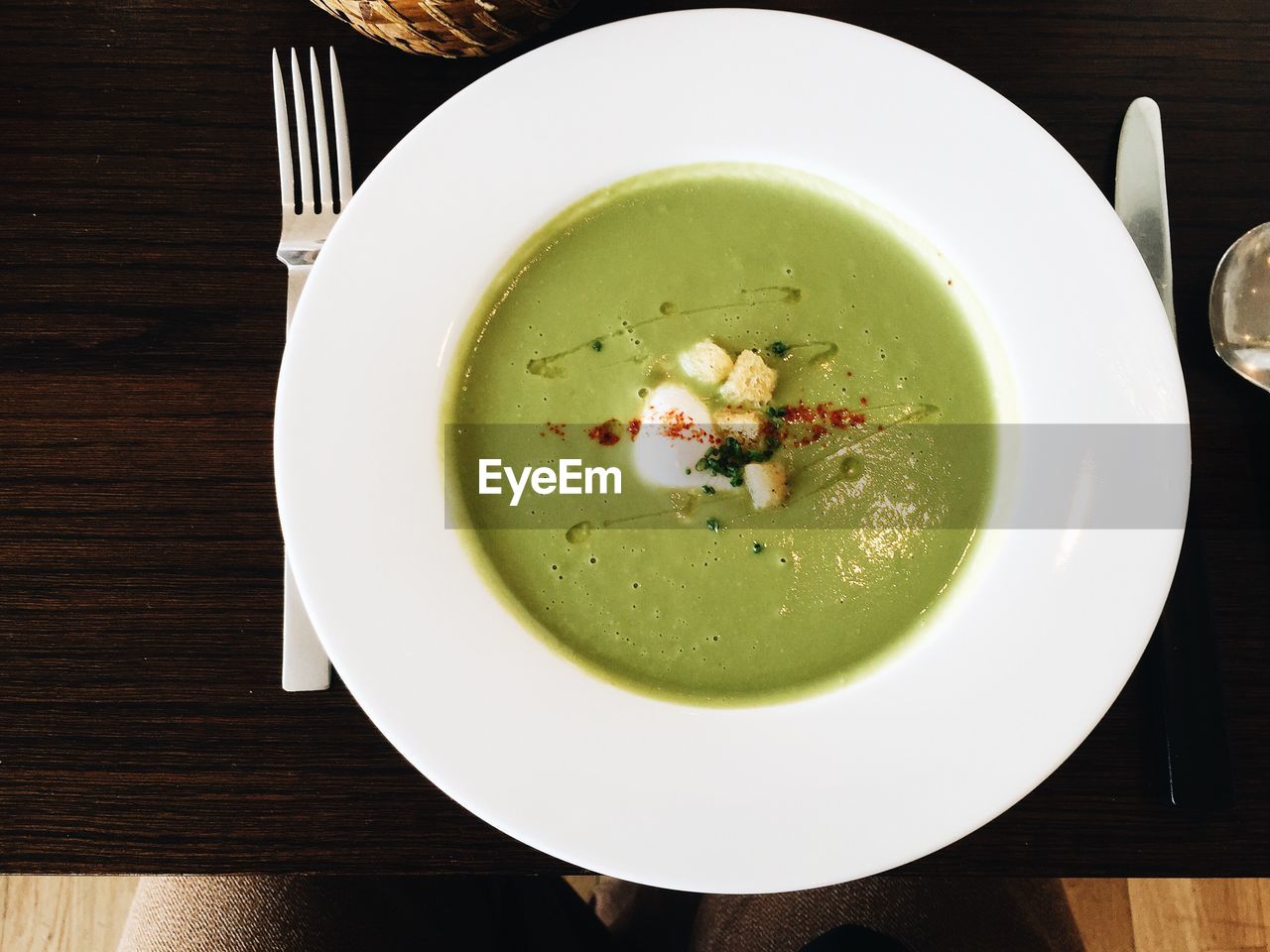 High angle view of soup in plate on table