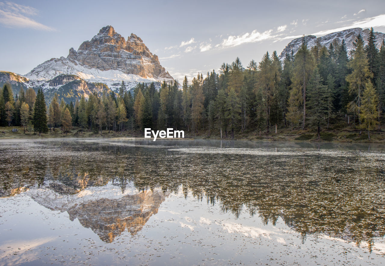 Autumn landscape in dolomites italy with the tre cime mountain