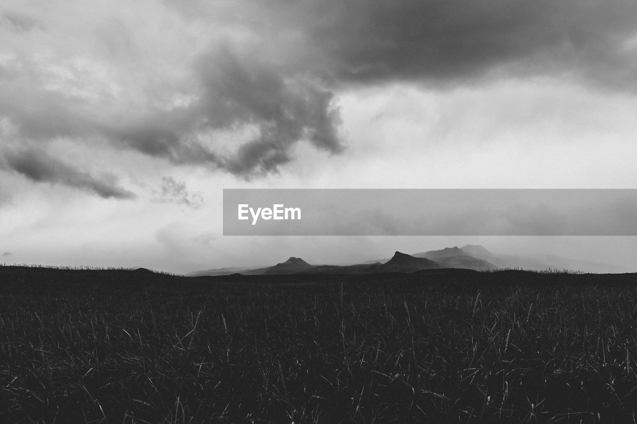 landscape, horizon, black and white, environment, sky, cloud, land, monochrome photography, monochrome, nature, plant, beauty in nature, scenics - nature, field, mountain, grass, plain, no people, rural scene, tranquility, storm, outdoors, darkness, tranquil scene, dramatic sky, non-urban scene, overcast, prairie, storm cloud, horizon over land, agriculture, day, cereal plant, rural area, wind, grassland