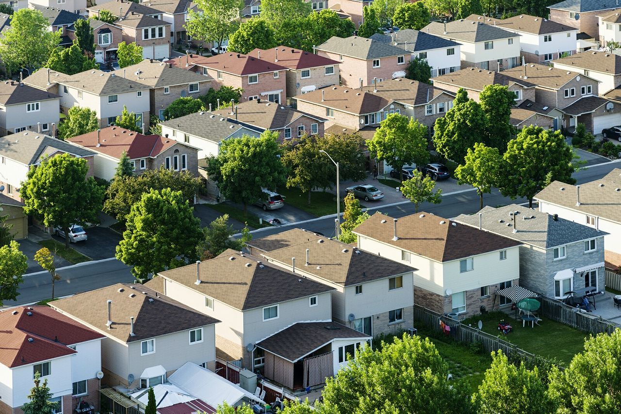 High angle view of built structures in rows