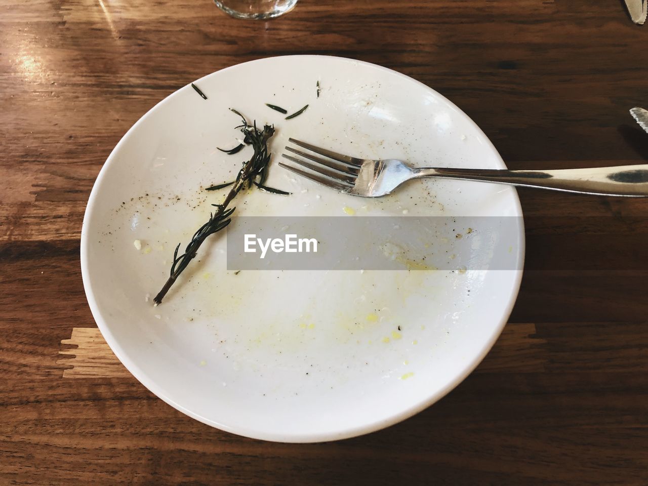 HIGH ANGLE VIEW OF EMPTY PLATE ON TABLE
