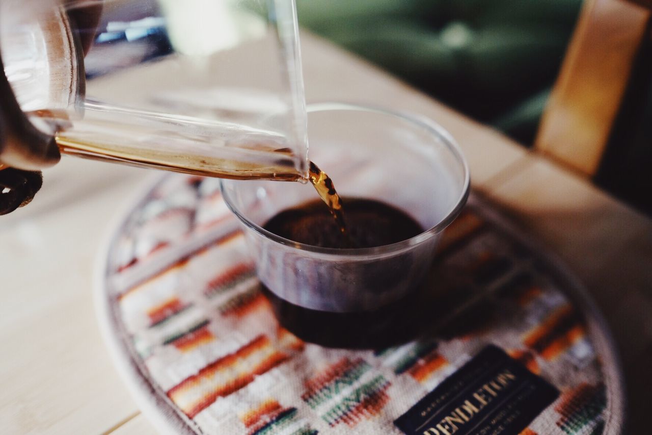 CLOSE-UP OF HAND POURING COFFEE CUP