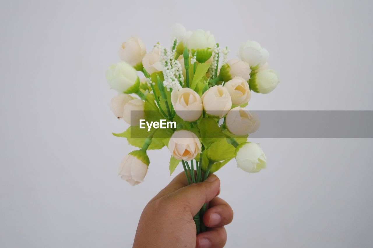 CLOSE-UP OF HAND HOLDING BOUQUET OF WHITE ROSE