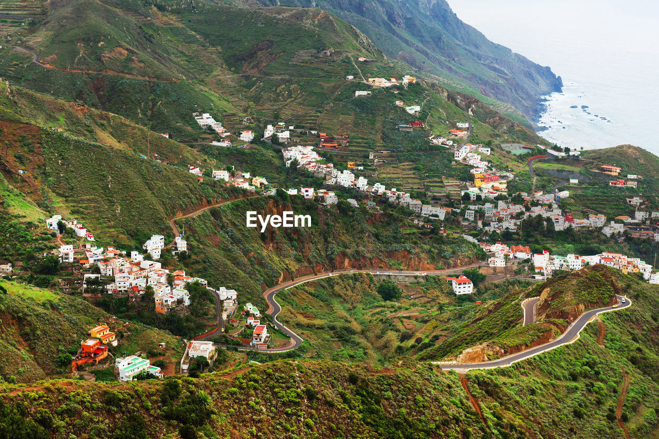 High angle view of houses on mountains