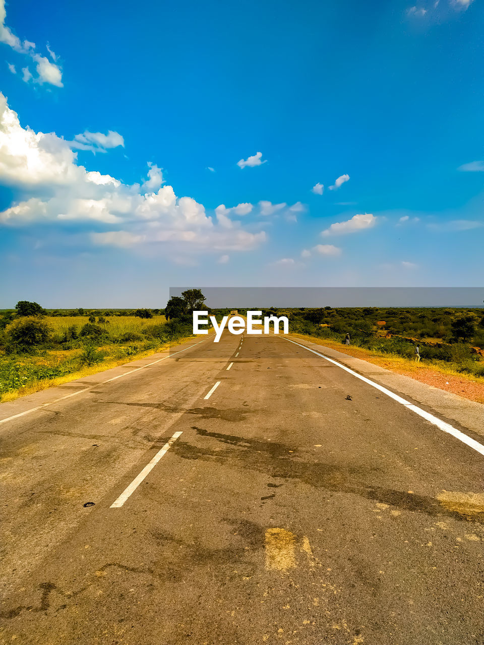 Road of asphalt in rajasthan india with green trees and blue sky white clouds