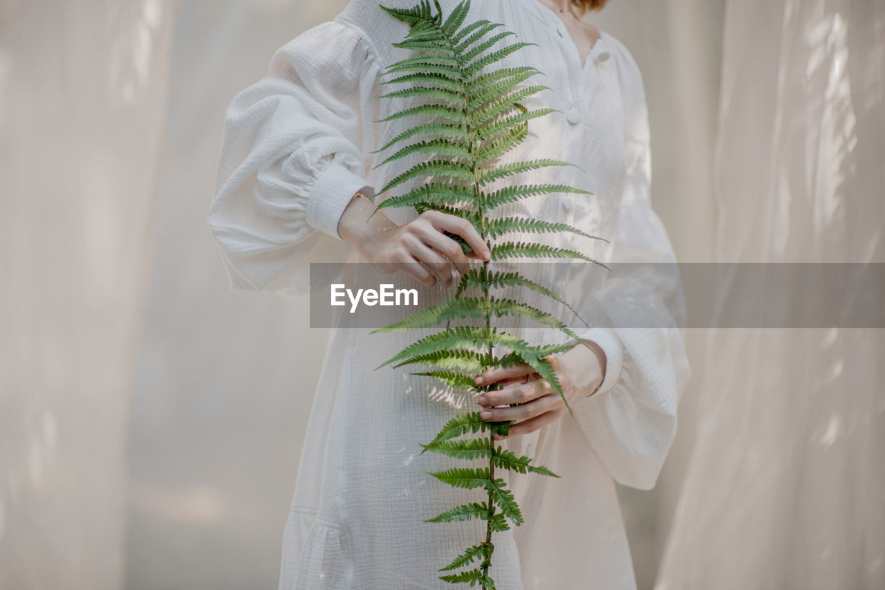 Midsection of woman holding leaf against curtain at home