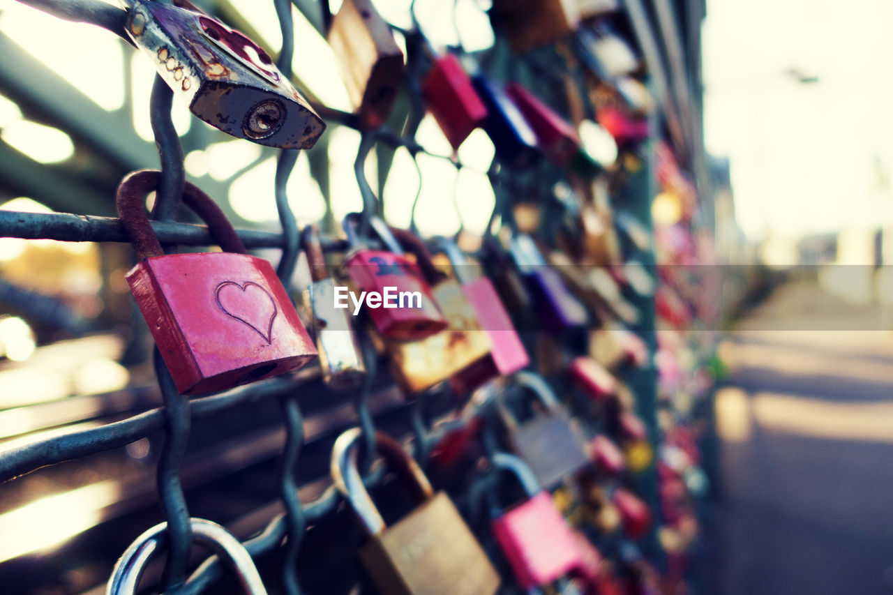 Close-up of padlocks on railing