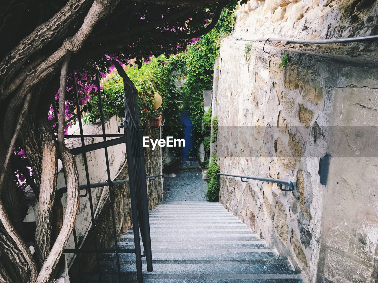 High angle view of steps amidst stone wall leading towards alley