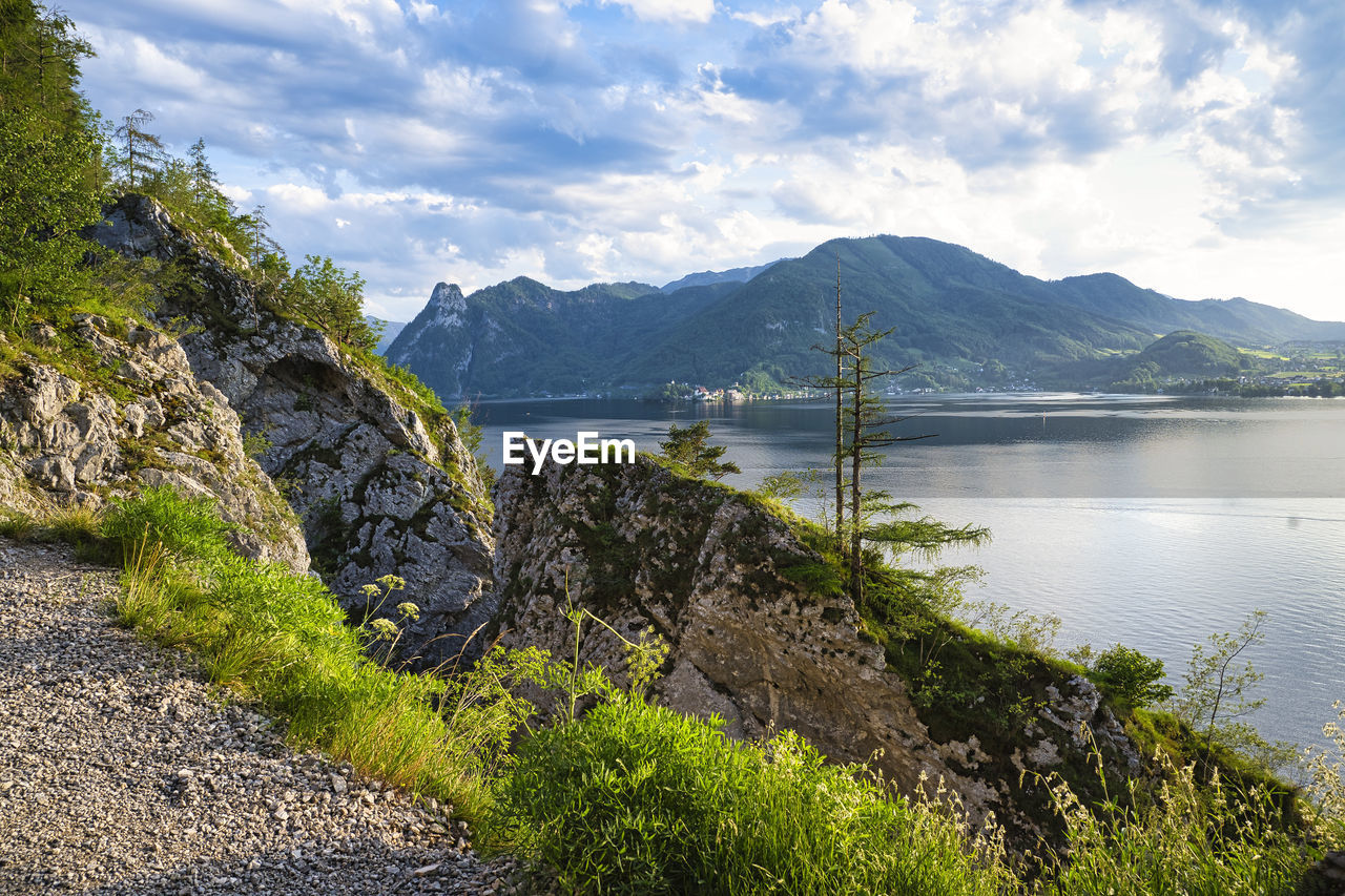 Scenic view of lake and mountains against sky