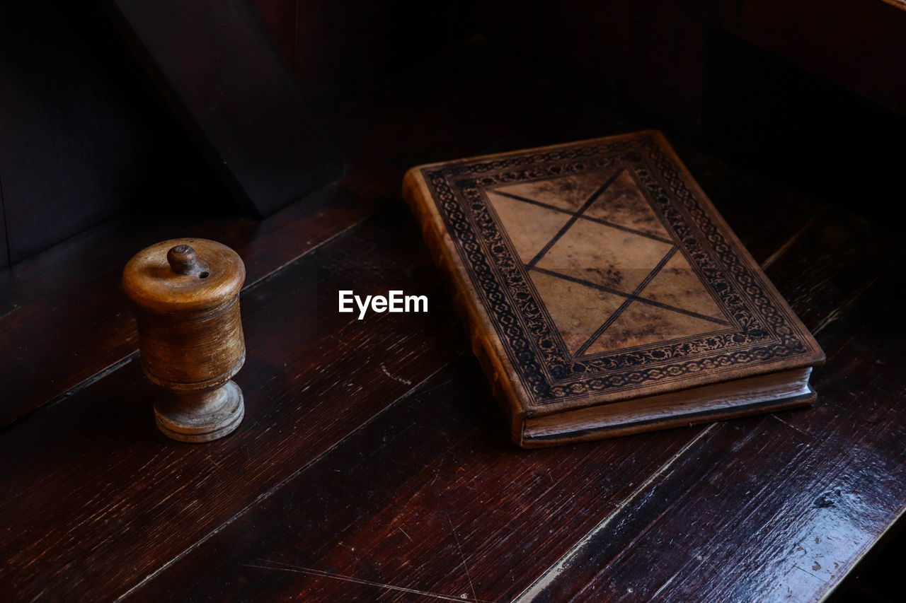 High angle view of open book on table