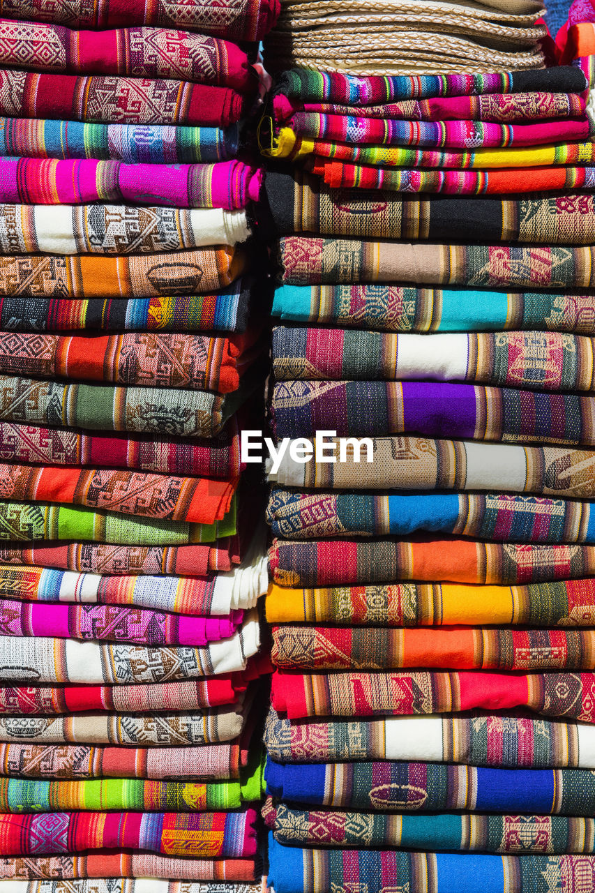 Colourful fabrics on market stall, san pedro de atacama