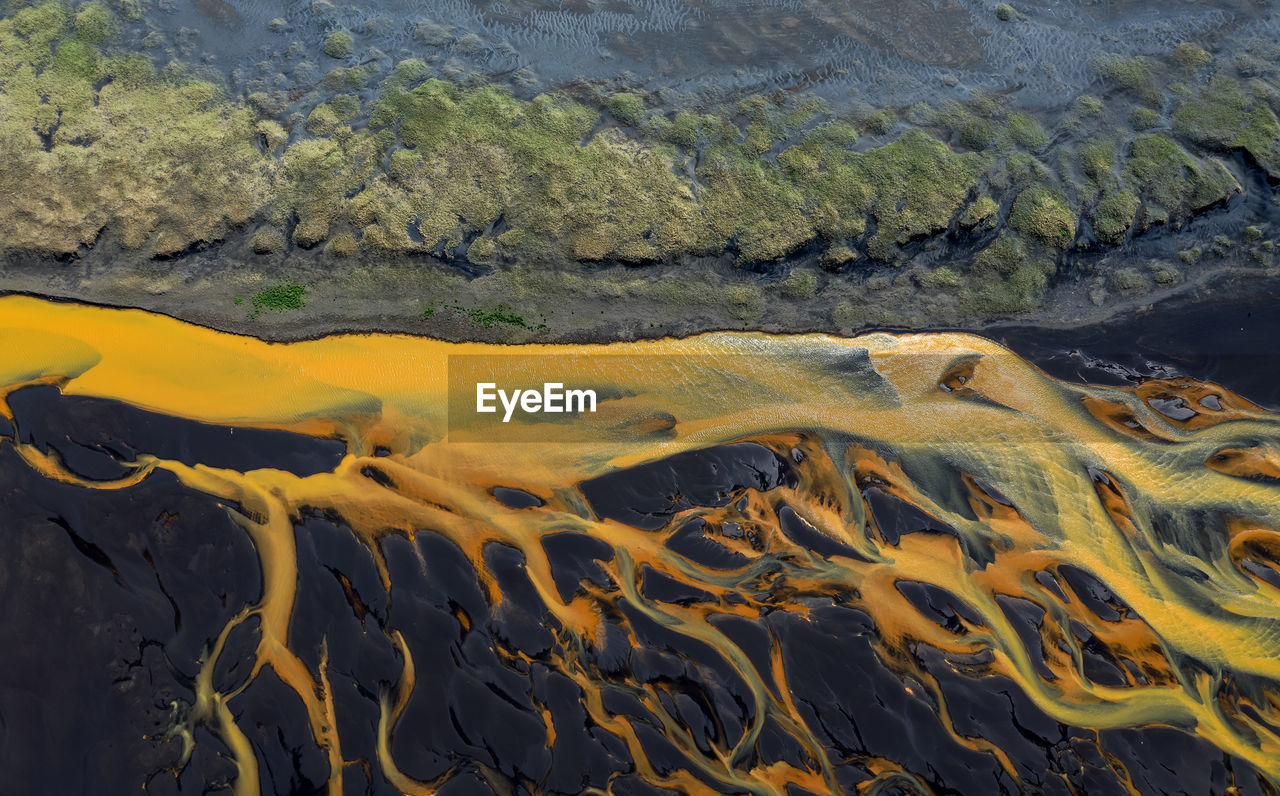 Colorful glacier rivers on the south coast of iceland with black sand