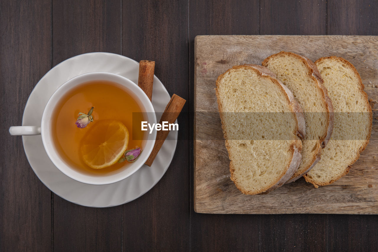 high angle view of food on wooden table