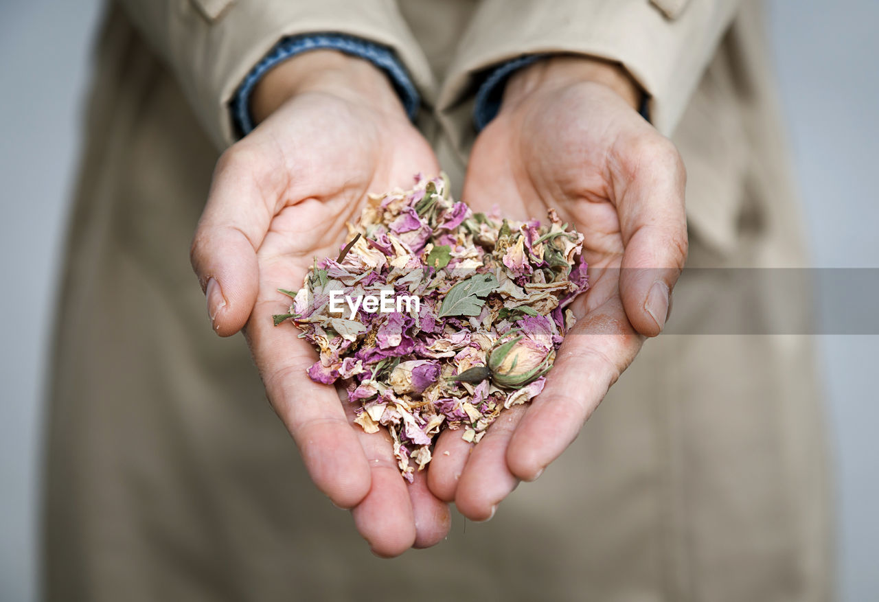 Midsection of woman holding dried flower petals
