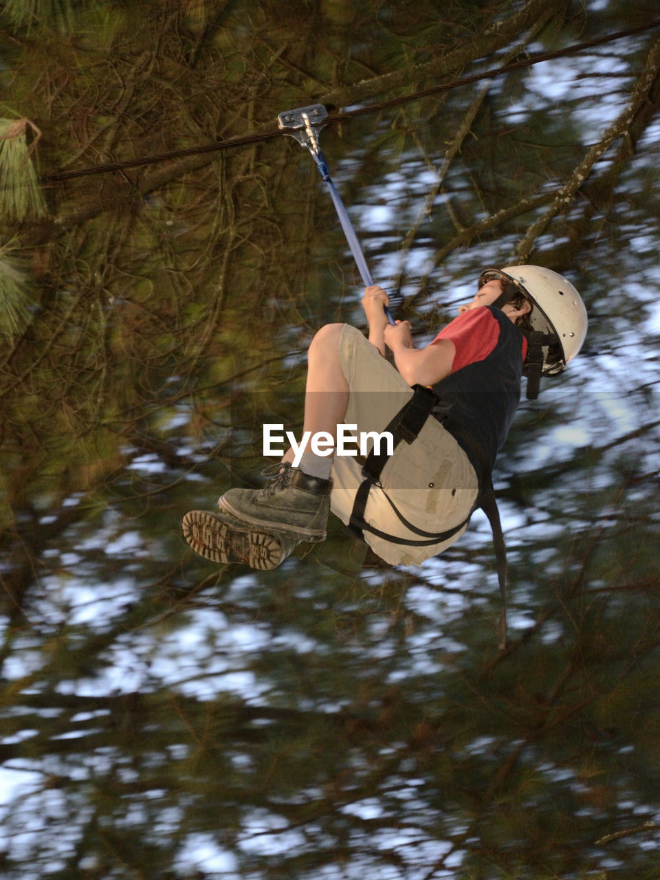 Low angle view of boy zip lining against branches