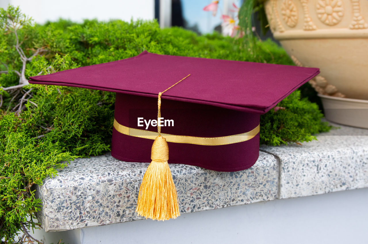 University graduate celebration cap worn with robe isolated on background