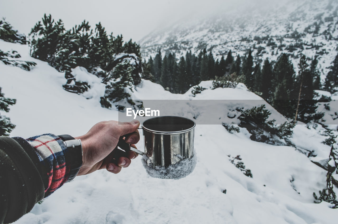 Cropped image of hand holding tea cup against snowcapped mountain