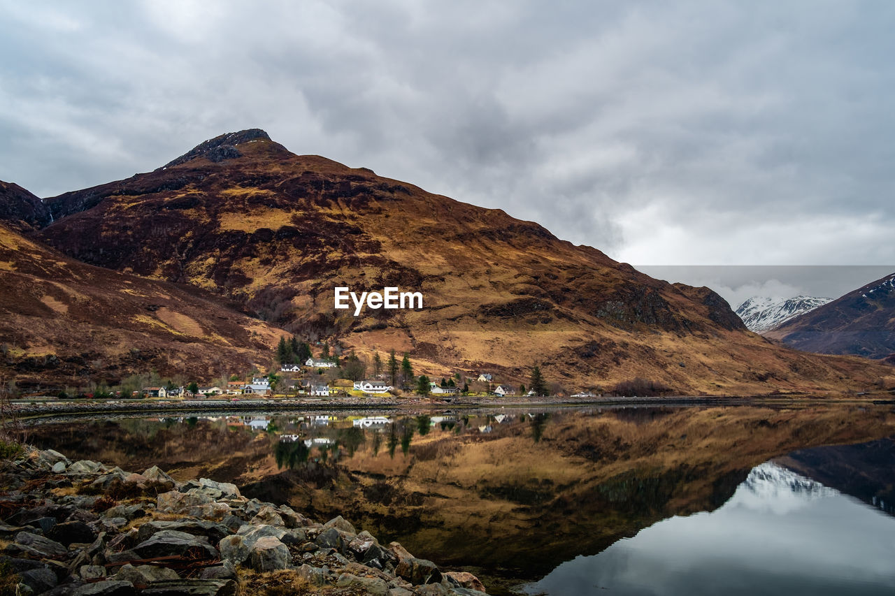 Scenic view of lake by mountains against sky