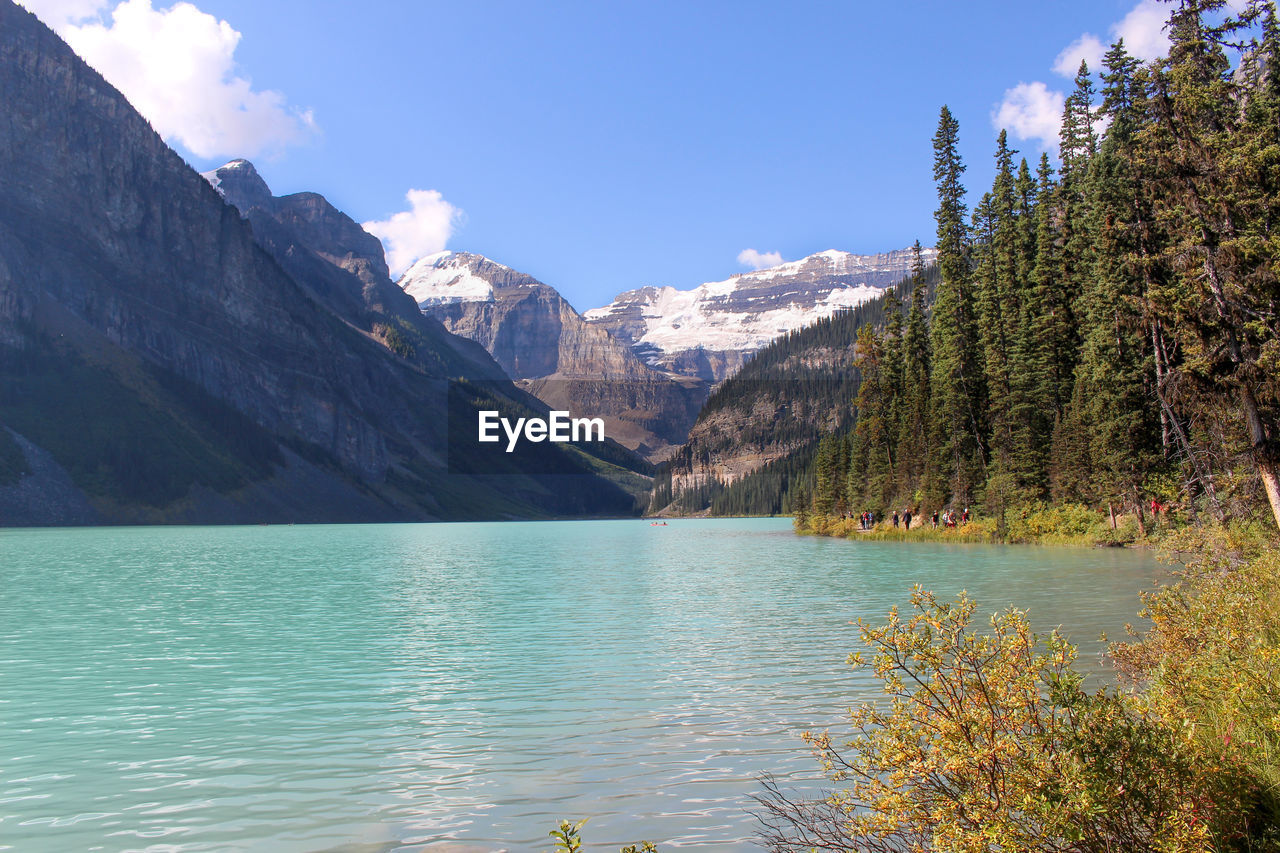 SCENIC VIEW OF LAKE BY MOUNTAIN AGAINST SKY