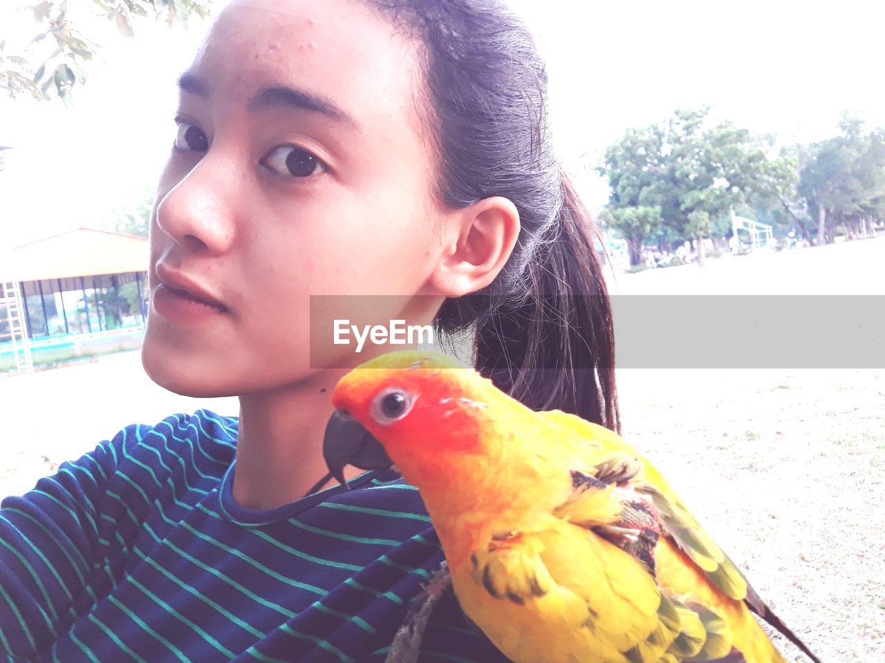 Close-up teenager girl with yellow parrot