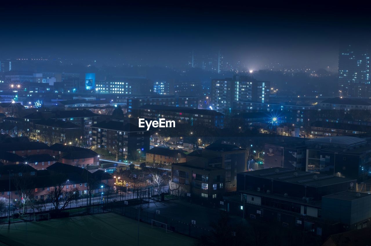 High angle shot of illuminated city at night