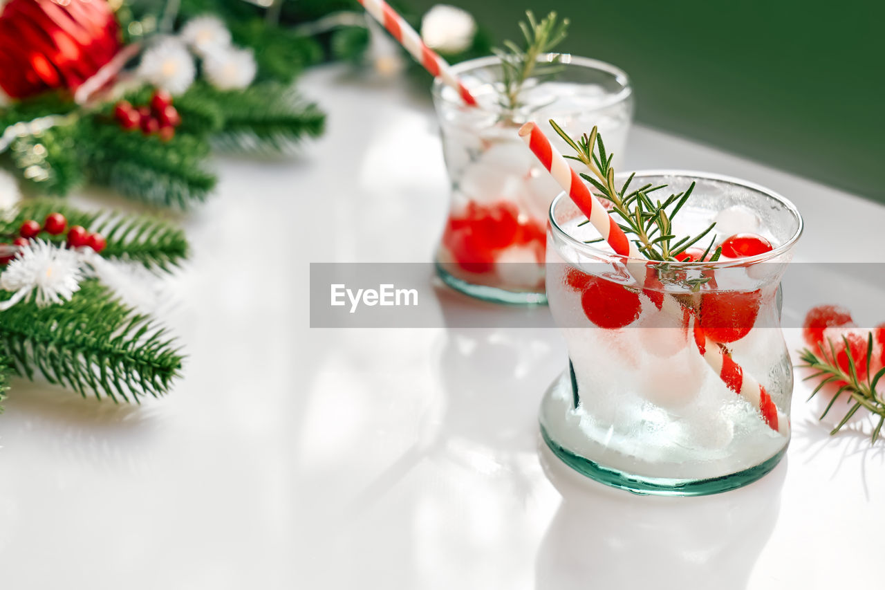 Christmas cranberry cocktail. refreshing alcoholic drink with berries for winter holidays party