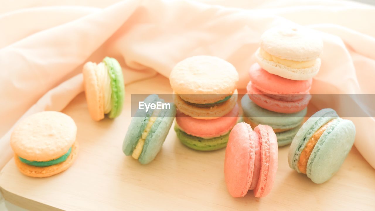 Close-up of colorful macarons on table