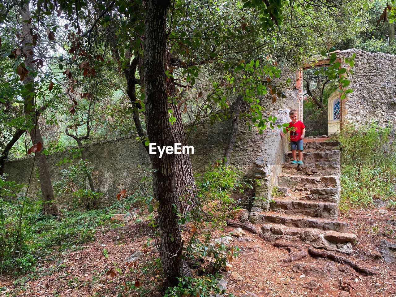 WOMAN STANDING BY TREE TRUNK IN FOREST