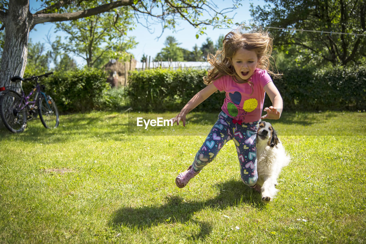 Full length of cute girl playing with dog on grass