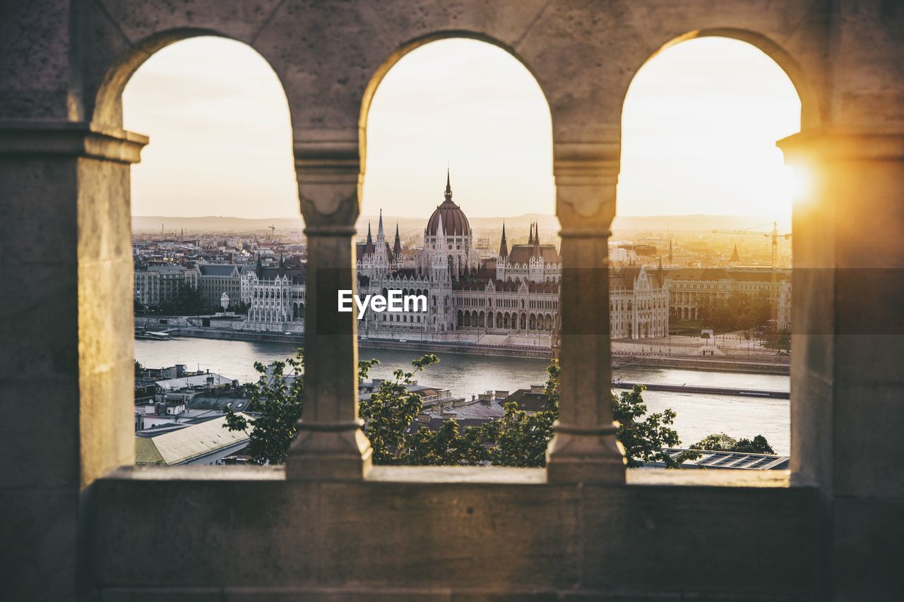 High angle view of hungarian parliament building seen through window